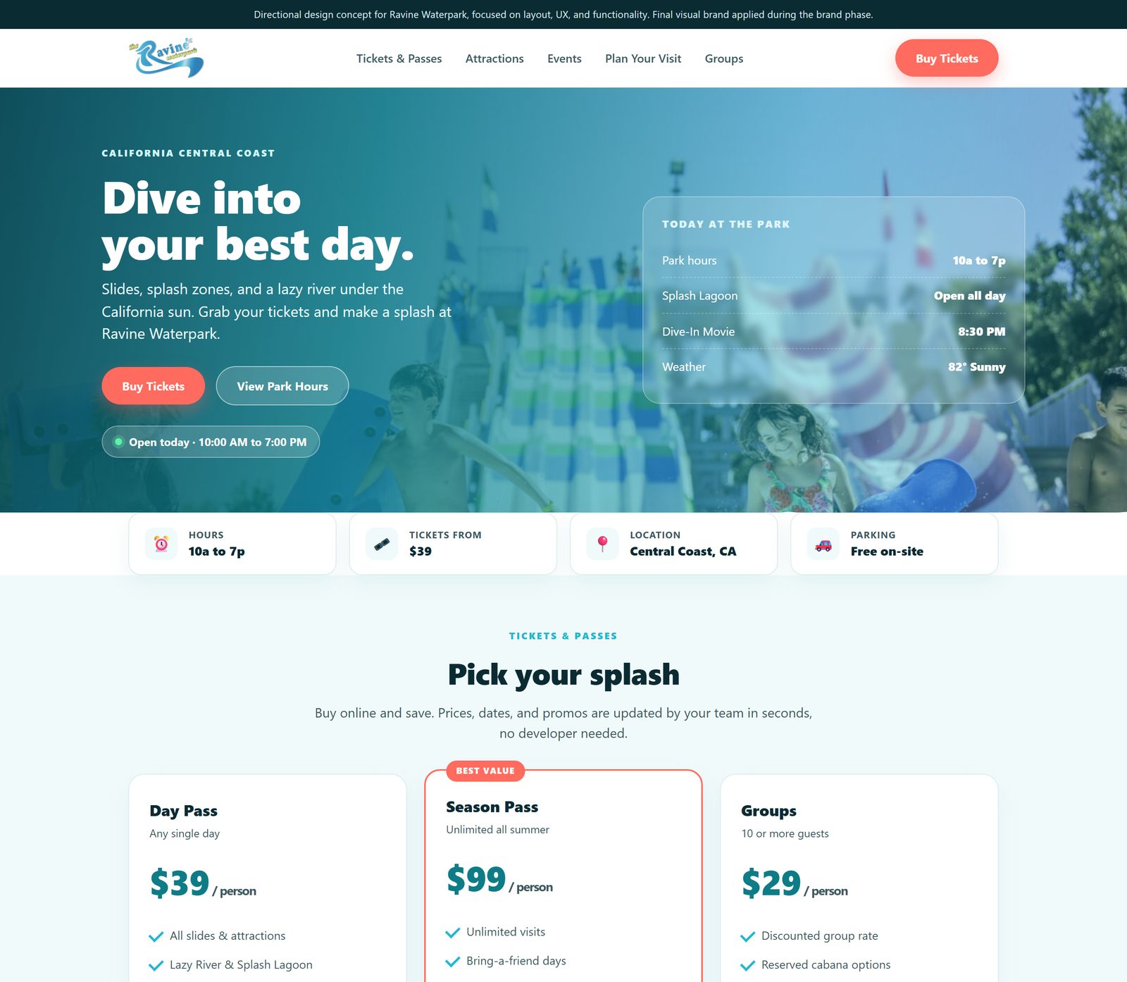 Directional Ravine Waterpark homepage concept
