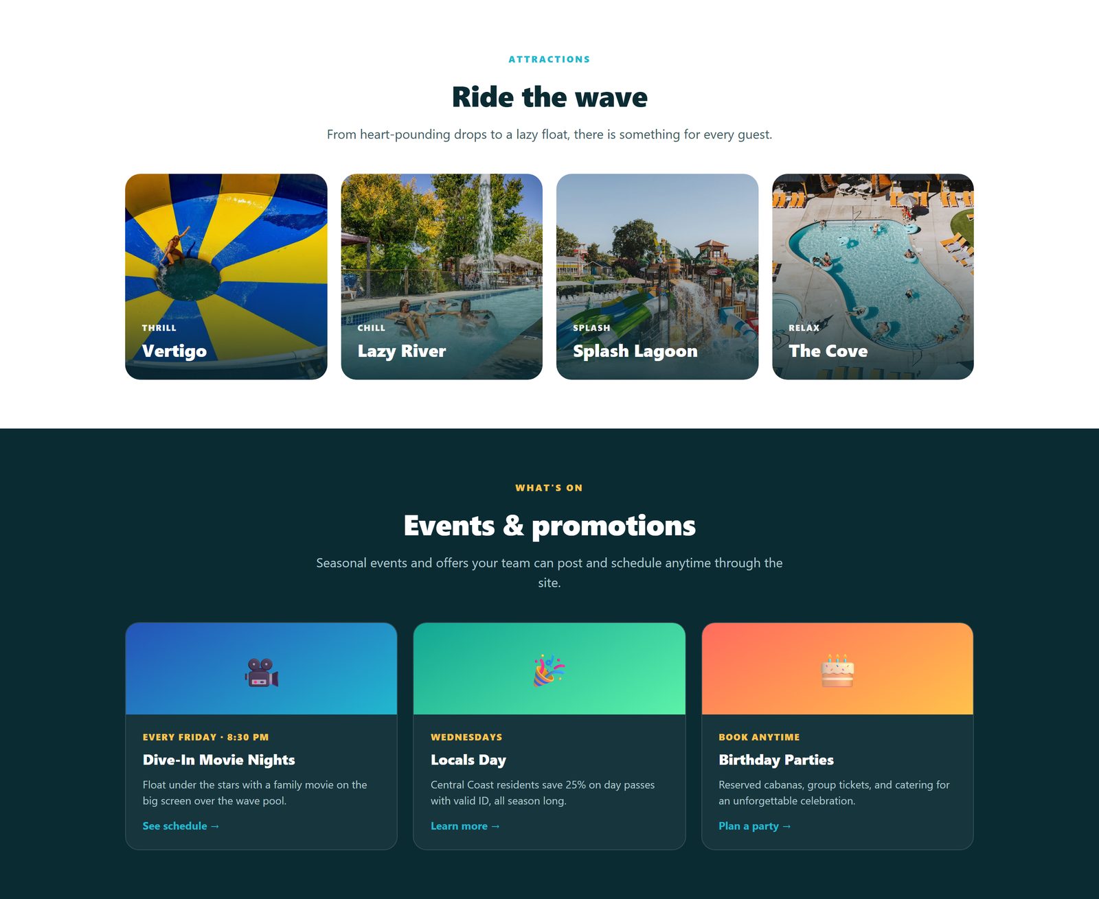 Ravine concept: attractions and events sections